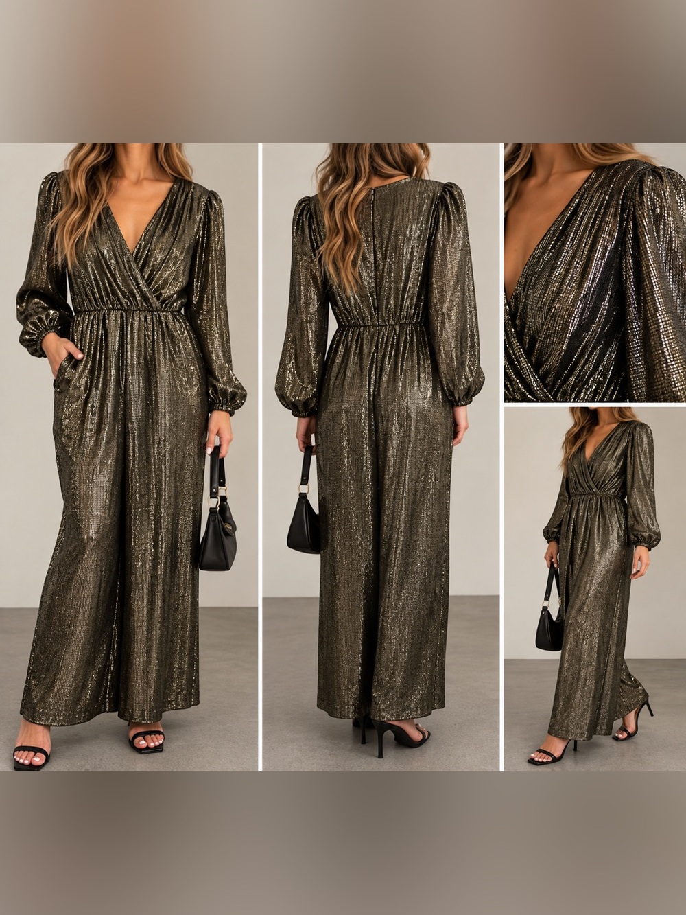 Dolan Left Coast Metallic Gold Black Wide Leg Jumpsuit Size Large